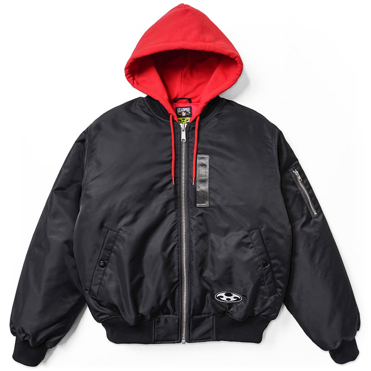 HOODED BOMBER JACKET - BLACK / RED – Harlaut Apparel